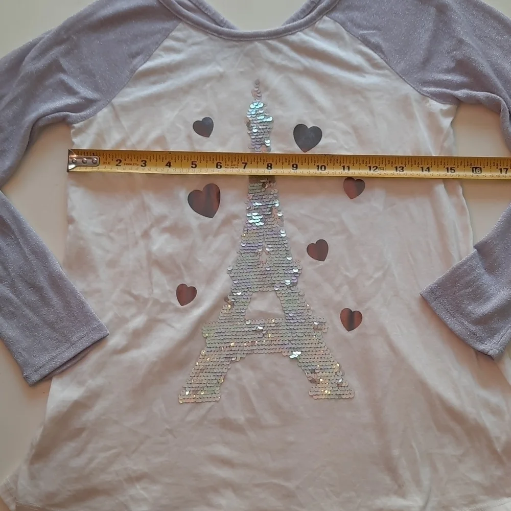 Justice Girls Sequin Eiffel Tower Paris Raglan Top Size 12